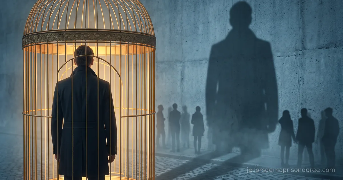Une personne dans une cage dorée dont l'ombre agrandie se projette au-dessus de petites silhouettes — l'intensité qui domine l'entourage
