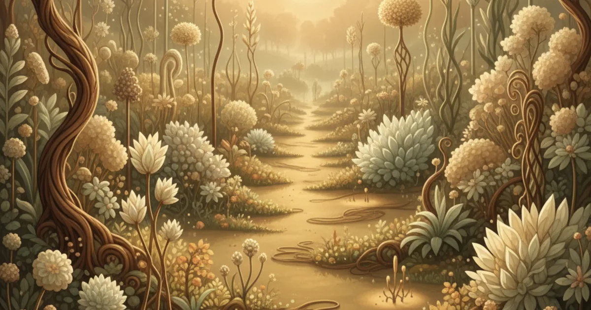 Un jardin foisonnant à l'aube aux formes végétales toutes différentes, chacune éclairée par sa propre lumière dorée