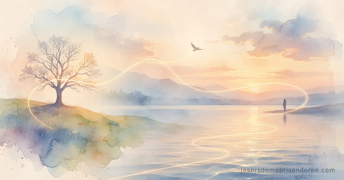 Illustration aquarelle d'un paysage à l'heure dorée où un fil de lumière relie un arbre, un oiseau en vol et une silhouette humaine au bord de l'eau