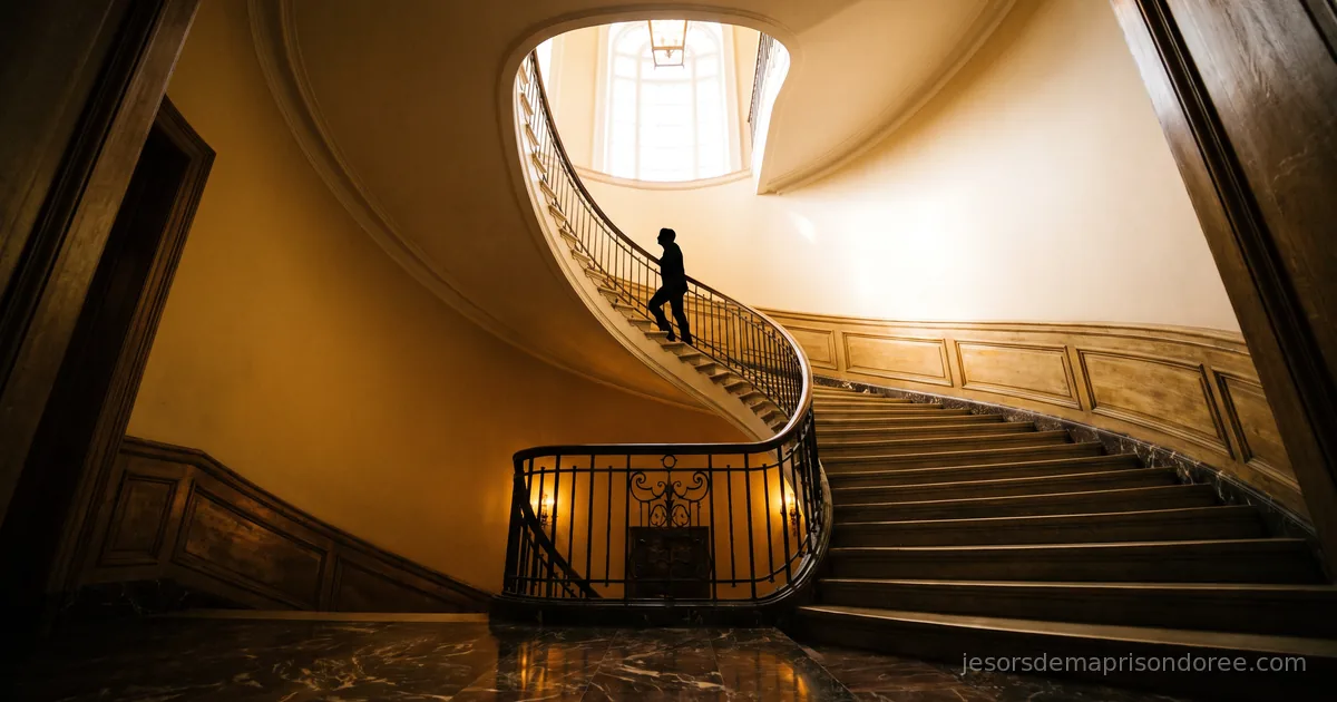 Une cage d'escalier baignée de lumière dorée montante, une silhouette gravissant les marches vers la lumière au sommet