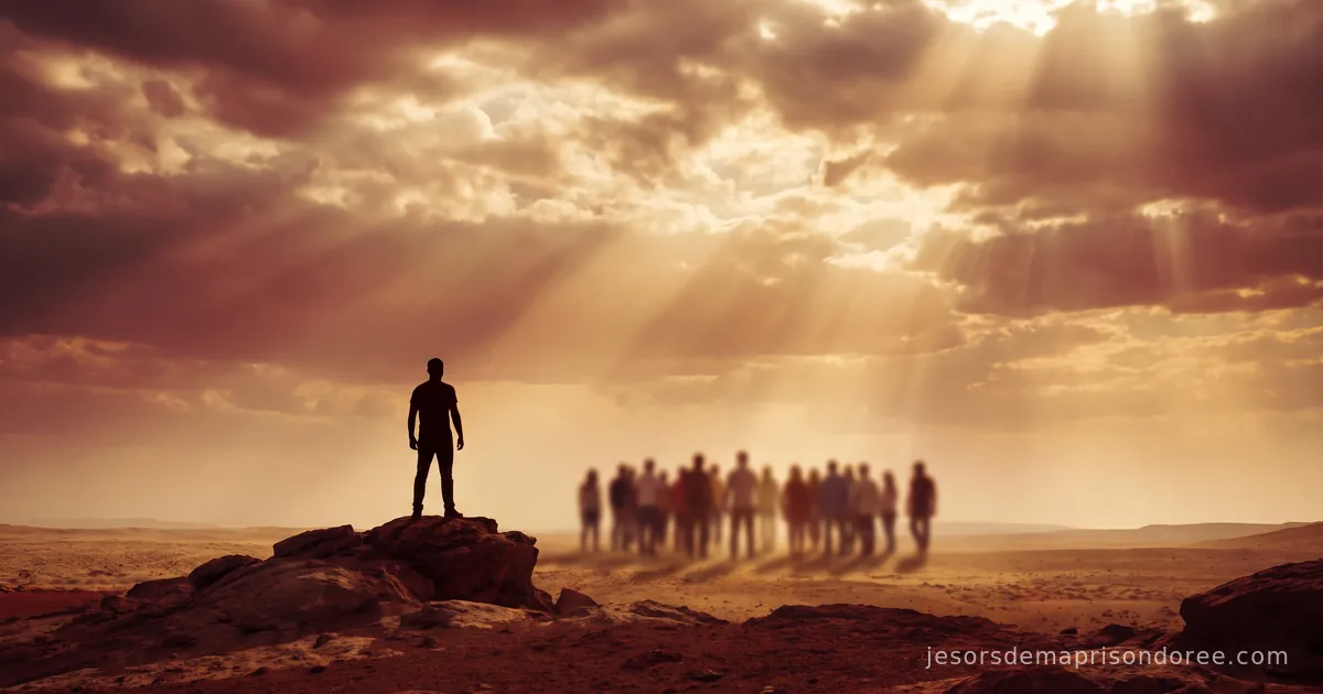 Une silhouette seule debout sur un rocher face à un groupe de personnes floues, sous des rayons de lumière perçant les nuages