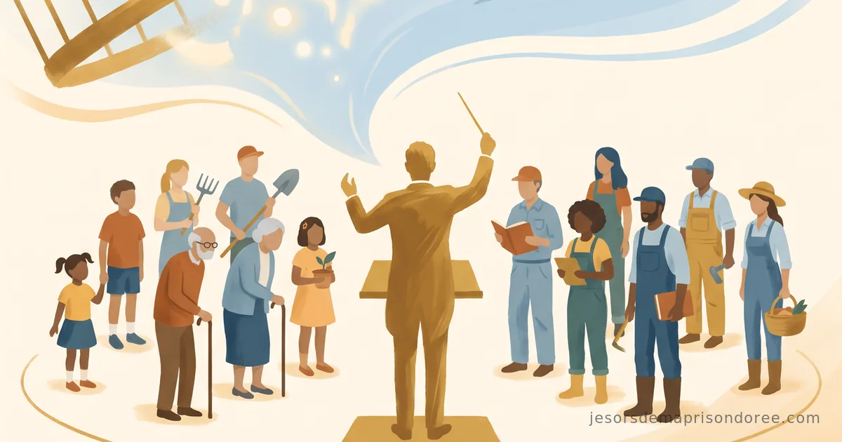 Illustration d'un chef d'orchestre doré dirigeant un orchestre composé d'habitants ordinaires, sous une cage dorée qui se dissout vers un ciel ouvert