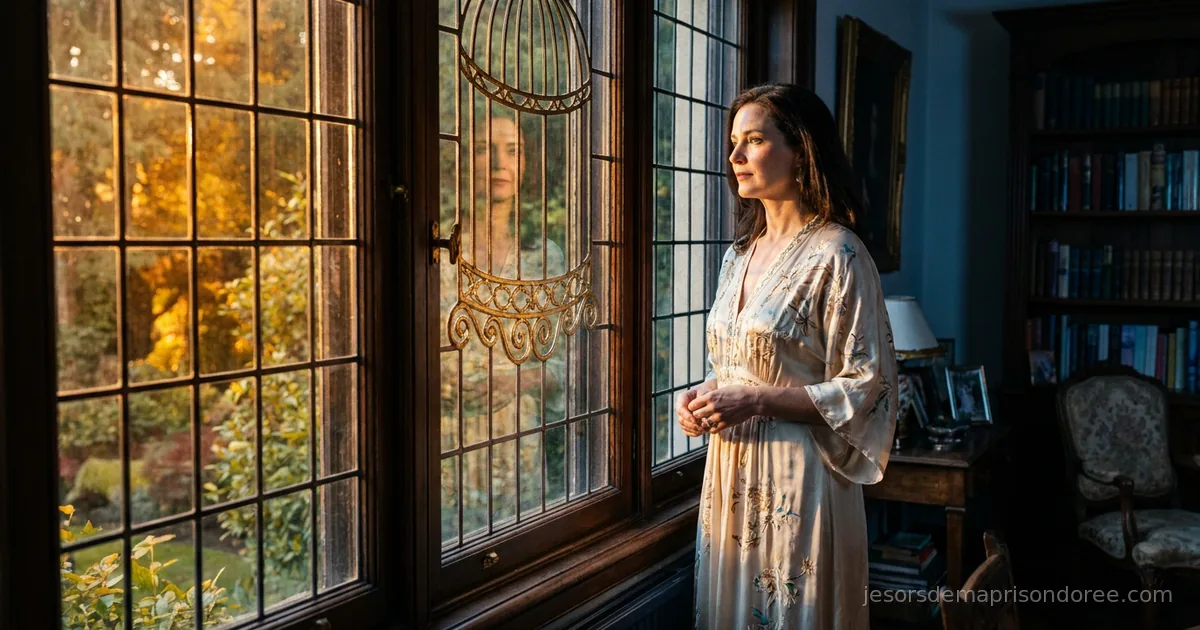 Femme élégante à la fenêtre d'une belle demeure au soleil couchant, son reflet fragmenté comme un masque, une cage dorée suggérée dans la ferronnerie