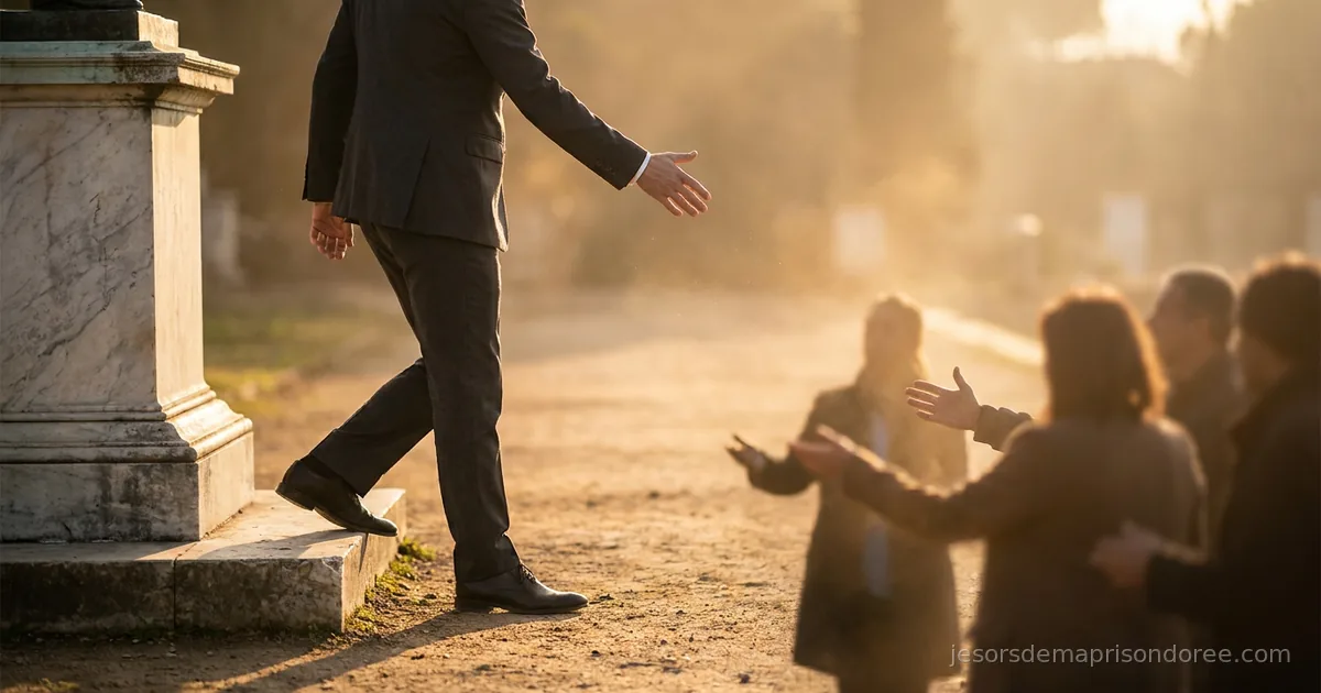 Homme en costume sombre descendant d'un haut piédestal de marbre vers un sol chaleureux, tendant la main, accueilli par des silhouettes à sa hauteur