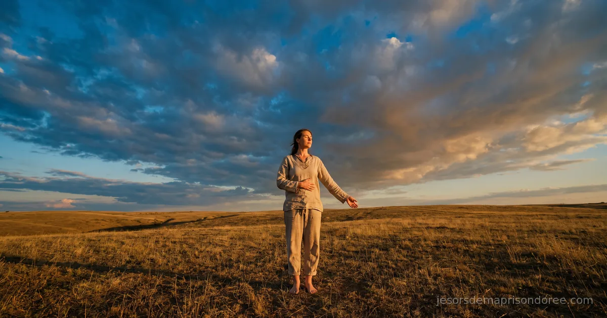 Une personne pieds nus dans un grand champ au soleil couchant, une main sur le ventre, immense ciel au-dessus