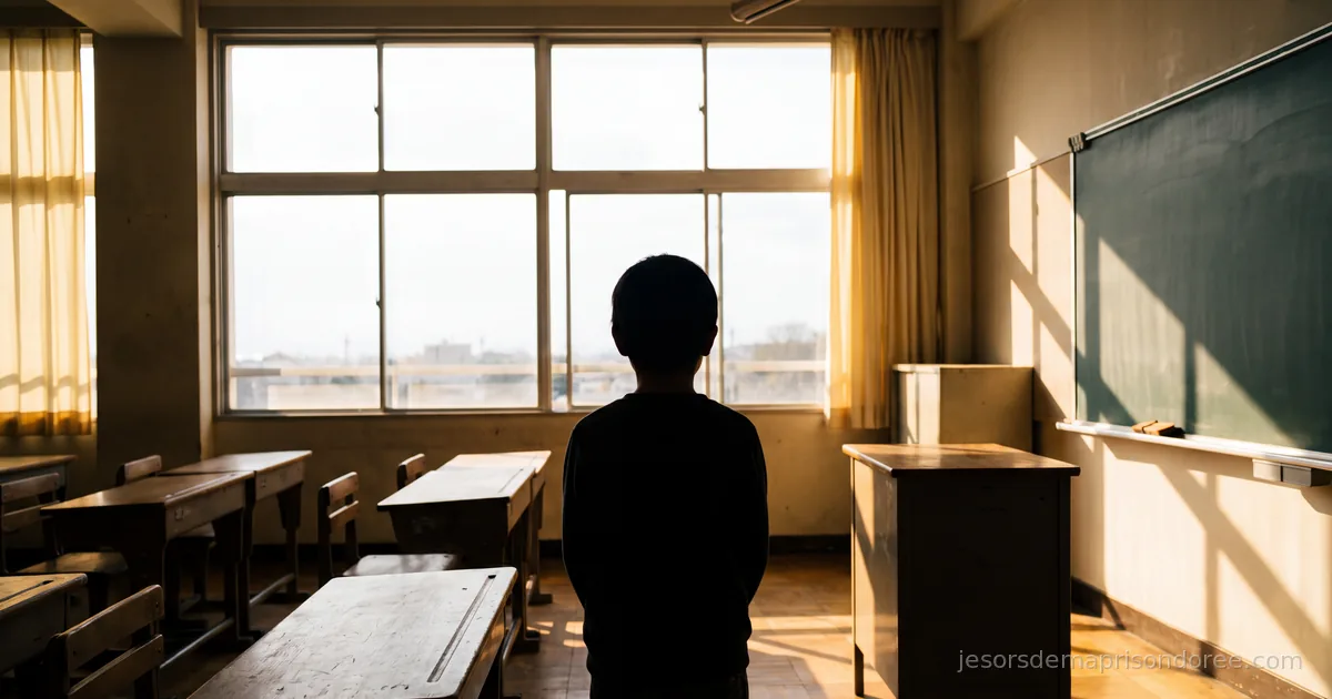 Silhouette d'un enfant de dos face à la fenêtre d'une salle de classe, lumière dorée contrastée, ambiance silencieuse