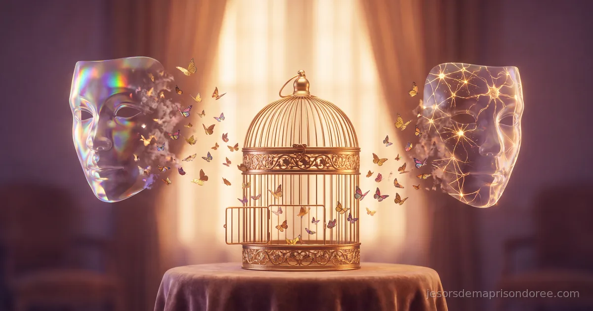 Deux masques translucides, l'un arc-en-ciel, l'autre aux motifs neuronaux dorés, se dissolvant en papillons qui s'échappent d'une cage dorée ouverte