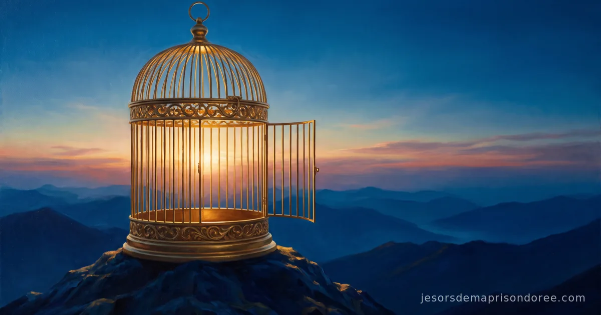 Une cage dorée ouvragée aux portes entrouvertes, posée au sommet d'une montagne au lever du soleil, tons or et bleu profond