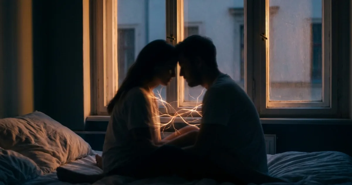 Silhouettes d'un couple assis proche l'un de l'autre au crépuscule, deux esprits reliés par de douces lumières entrelacées