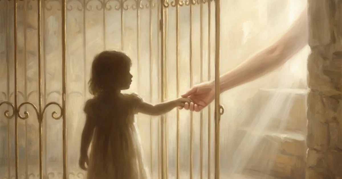 La silhouette d'un enfant derrière la porte entrouverte d'une cage dorée, une main d'adulte tendue depuis la lumière
